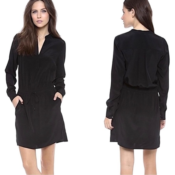 VINCE Black Silk Dress Drawstring Waist Long Sleeve - Picture 2 of 7